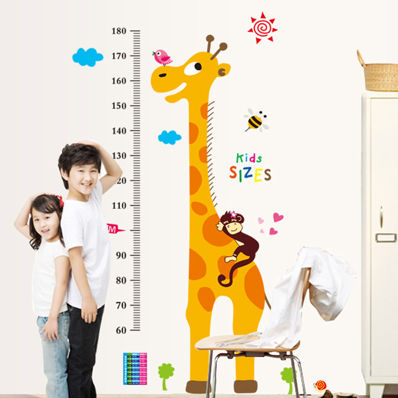 pvc卡通测量身高树墙贴纸幼儿园儿童房装饰品 墙面贴画长颈鹿小鸟