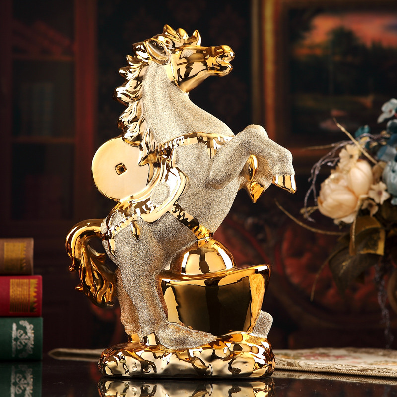 乔迁礼物现代家饰马上有钱陶瓷工艺品创意摆件镀金马到成功 金色