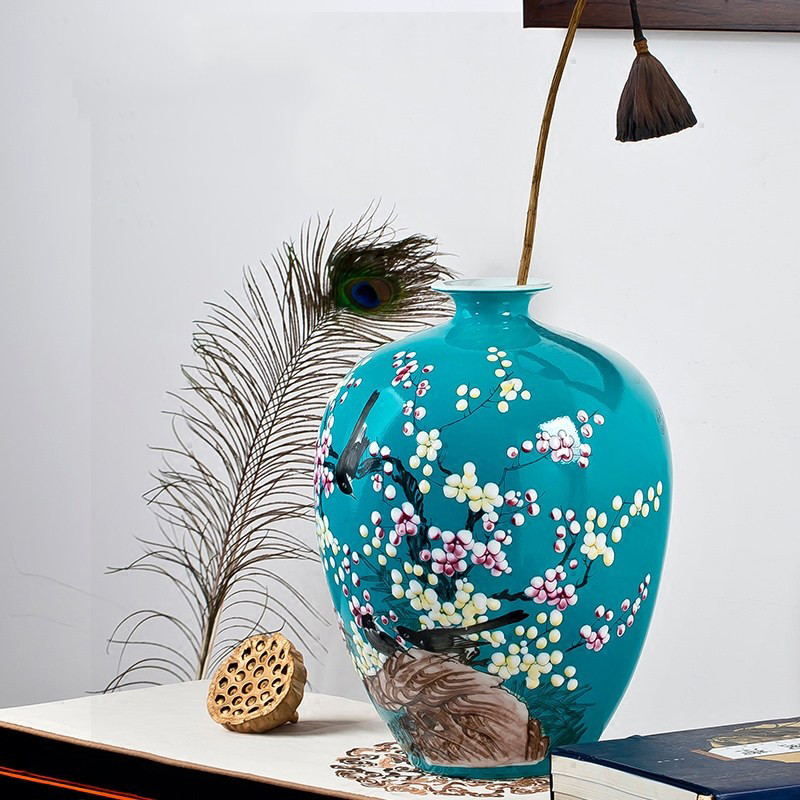 瓷物语陶瓷摆件粉彩手绘喜上眉梢花瓶中式装饰家饰品客厅摆件蓝色富贵