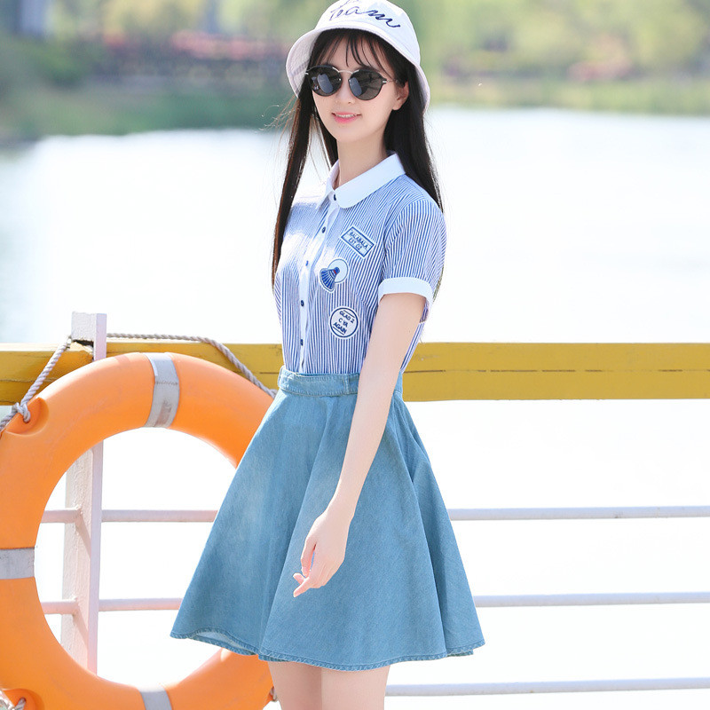 16高初中纯棉17女孩职业连衣裙夏季12牛仔学历装13岁14高中条纹15少女裙子it学生图片