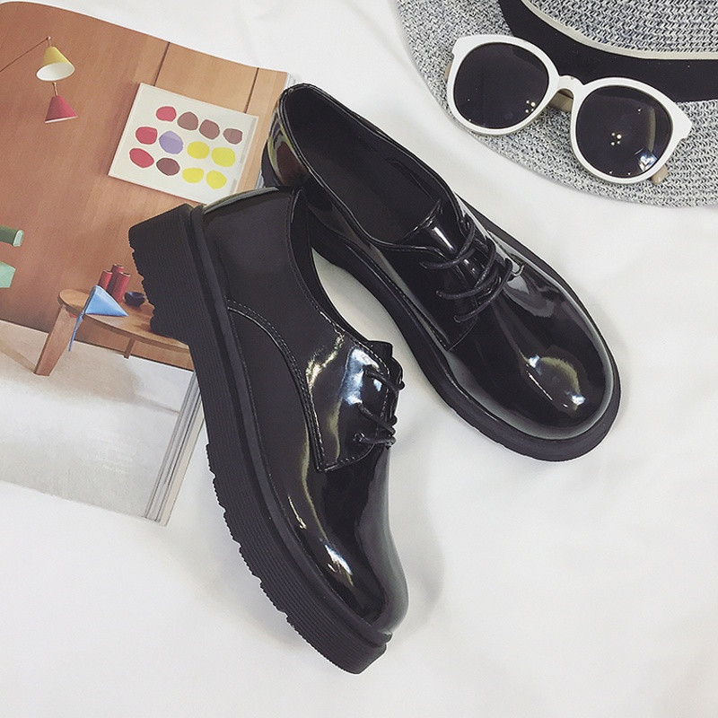 朵维尔米-黑色系带小皮鞋女英伦风平底韩版中