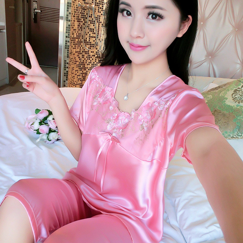 vanled新款夏季丝绸睡衣女冰丝短袖短中裤丝绸睡衣套装情侣性感家居服