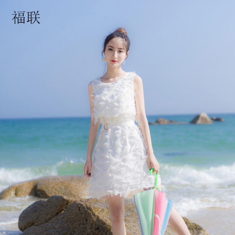 2017夏季新款韩版女装无袖气质白色流苏羽毛