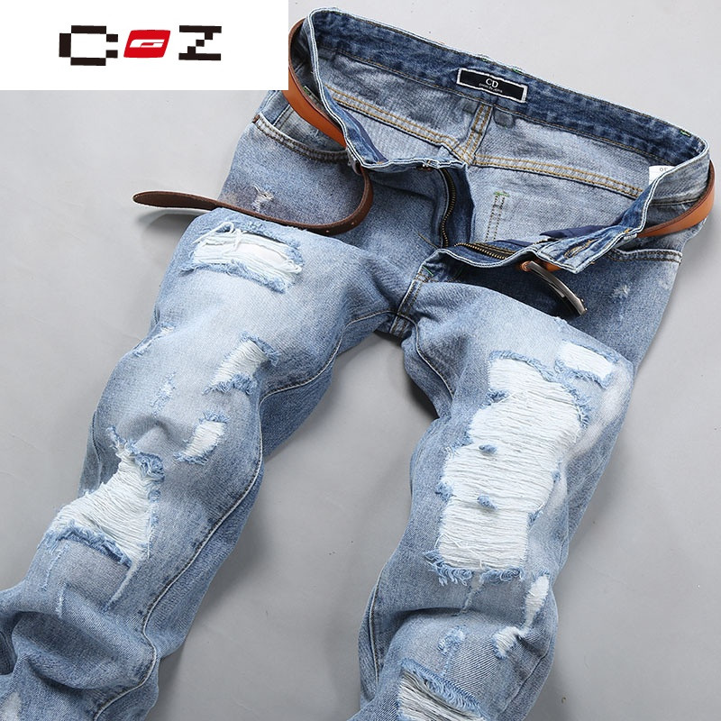 CZ潮流品牌春夏季破洞男士牛仔裤浅蓝色直筒
