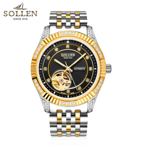 梭伦(SOLLEN)新款手表正品自动机械表男表陀飞轮夜光时尚休闲正装钢带防水男士手表SL-9006