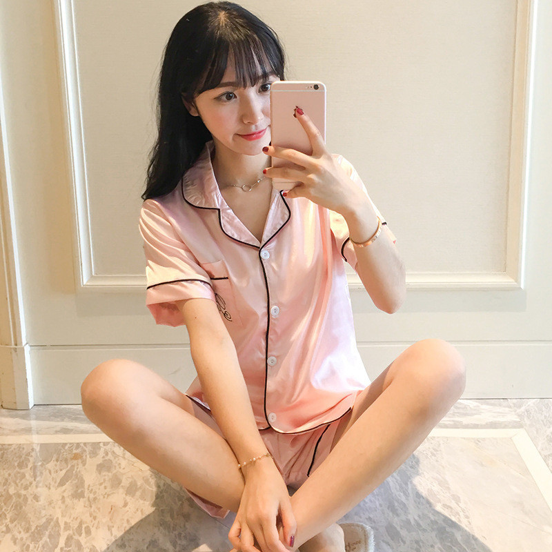 韩版性感真丝睡衣女夏冰丝短袖开衫夏天休闲薄款丝绸家居服套装女