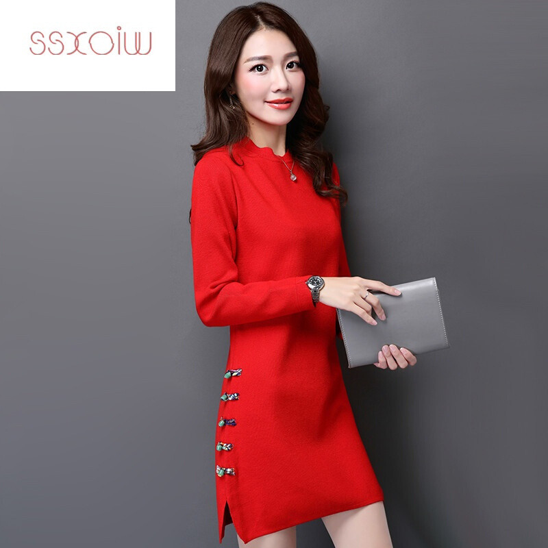 SSXOIW2017秋冬新款韩版大红色旗袍毛衣女
