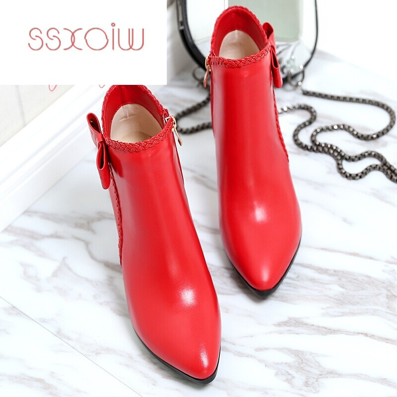 SSXOIW细跟短靴女高跟鞋秋冬季真皮尖头20