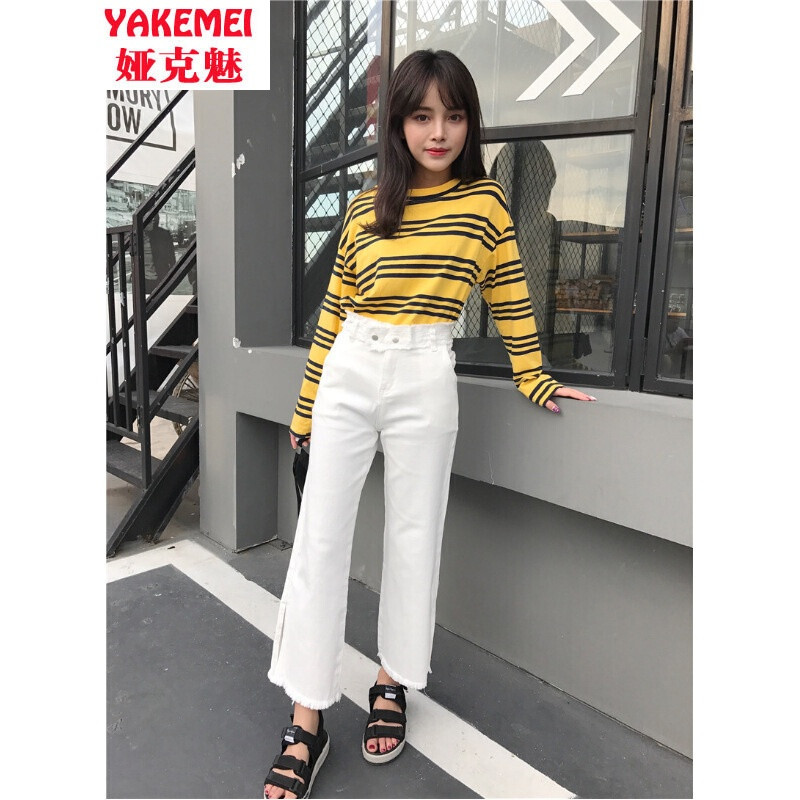 休闲牛仔裤2017秋季新款阔腿裤九分裤高腰女