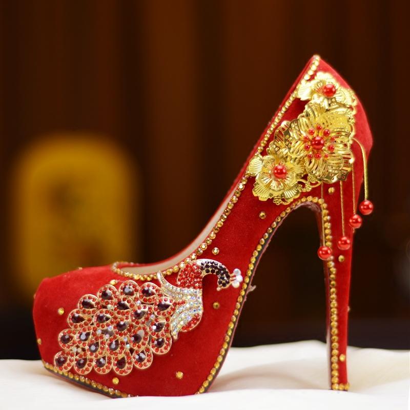新款中式秀禾服婚鞋女水晶鞋新娘鞋红色高跟单
