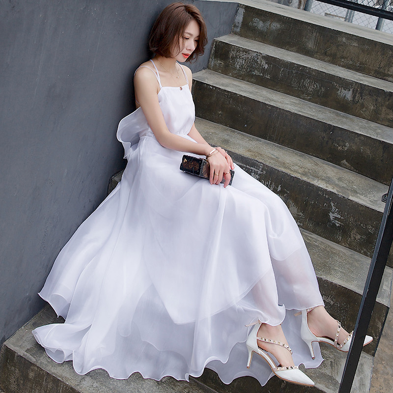 款】夏季性感露背连衣裙女泰国海边度假沙滩裙白色吊带礼服裙大摆长裙