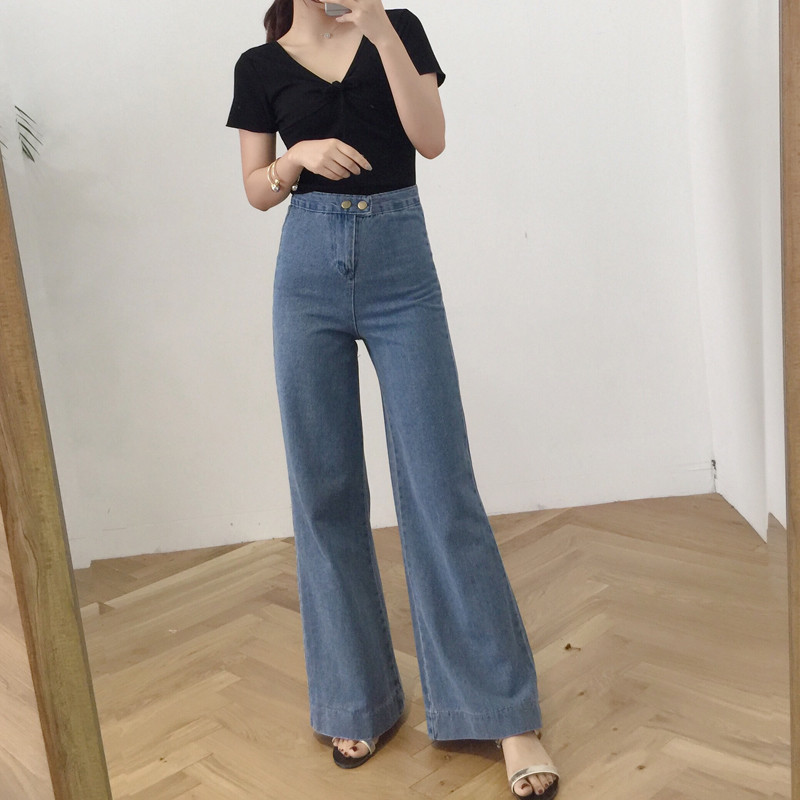 828新款女装夏装新款韩版复古纯色高腰休闲阔腿裤显瘦女牛仔裤子喇叭