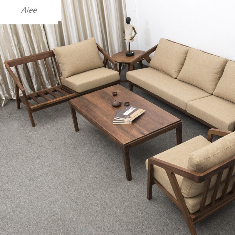 aiee客厅布艺沙发实木家具北欧风格简约实木沙发黑胡桃木客厅布艺沙发
