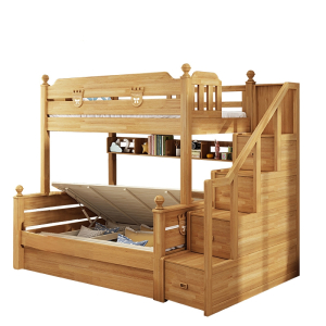 美式高低床木上下床双层床阿斯卡利上下铺高箱多功能子母床胡桃色1.35