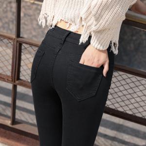 迪鲁奥(DILUAO)新款女装烟灰色涂层牛仔布裤女2021新款春季韩版高腰显瘦常规裤弹力黑色长裤子