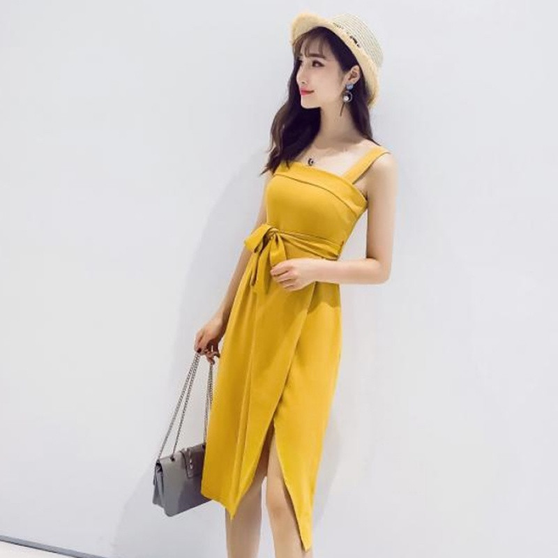 韩版裙子潮2017夏季新款时尚收腰吊带裙女装气质中长款开叉连衣裙