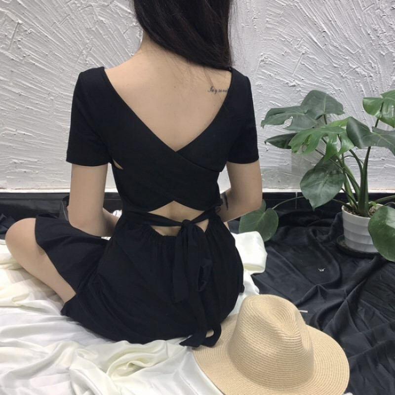 韩国chic下摆流苏交叉后背性感系带露腰显瘦长款短袖连衣裙女夏季