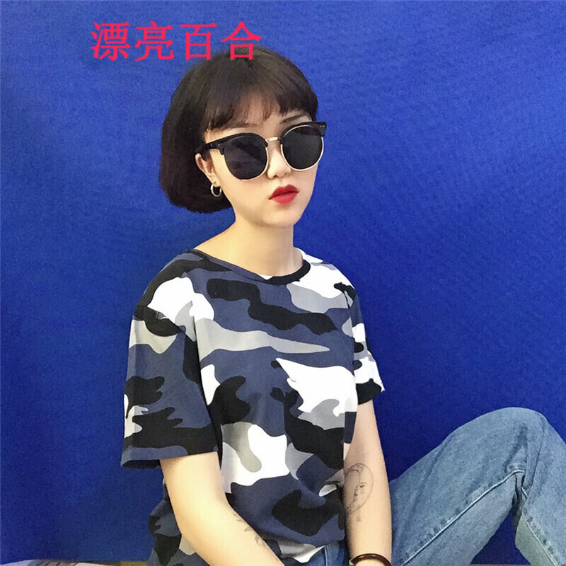 漂亮百合2017女装夏装新款迷彩服短袖t恤军装