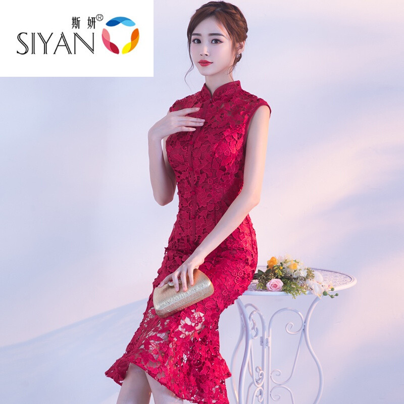服新娘秋季2017女结婚新款短款显瘦鱼尾红色礼服回门中式旗袍酒红色