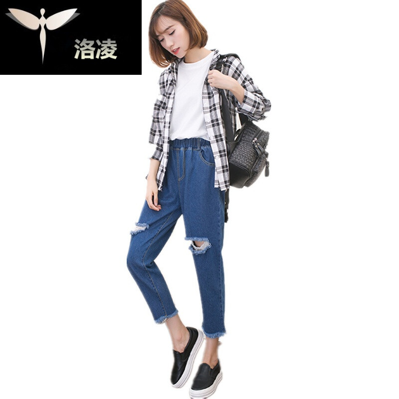 胖超大码显瘦松紧腰九分牛仔裤女加肥加大宽松