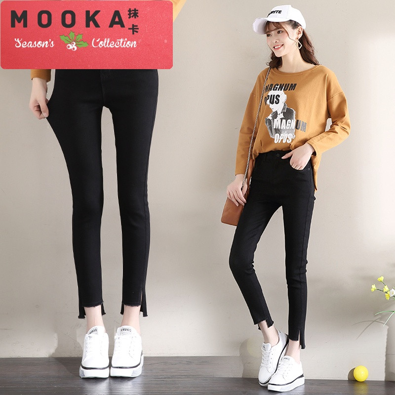 抹卡潮流2017秋毛边前短后长牛仔裤女秋修身