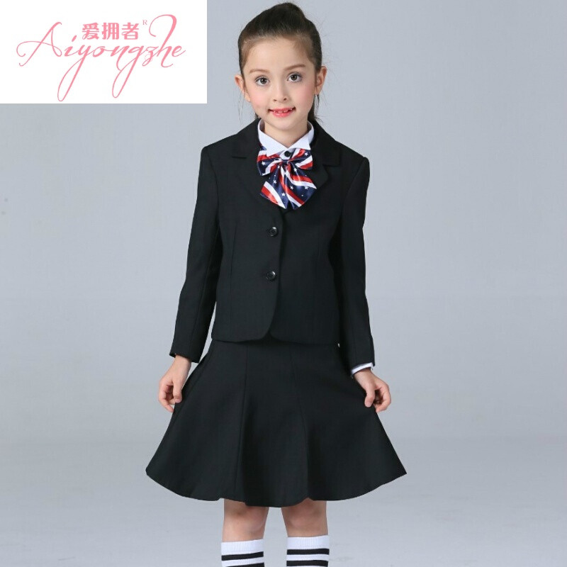 女童西装裙英伦学院女生礼服校服套装儿童西装女中大童黑色4件套(外套