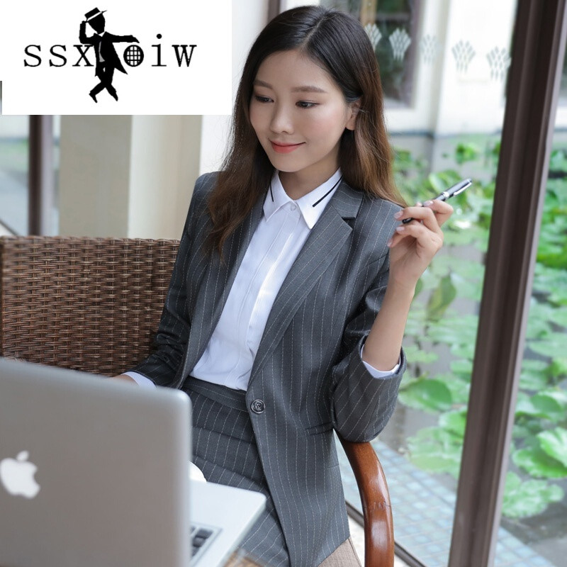 西服套装女秋季时尚ol面试工装条纹女士职业装正装西装套装工作服