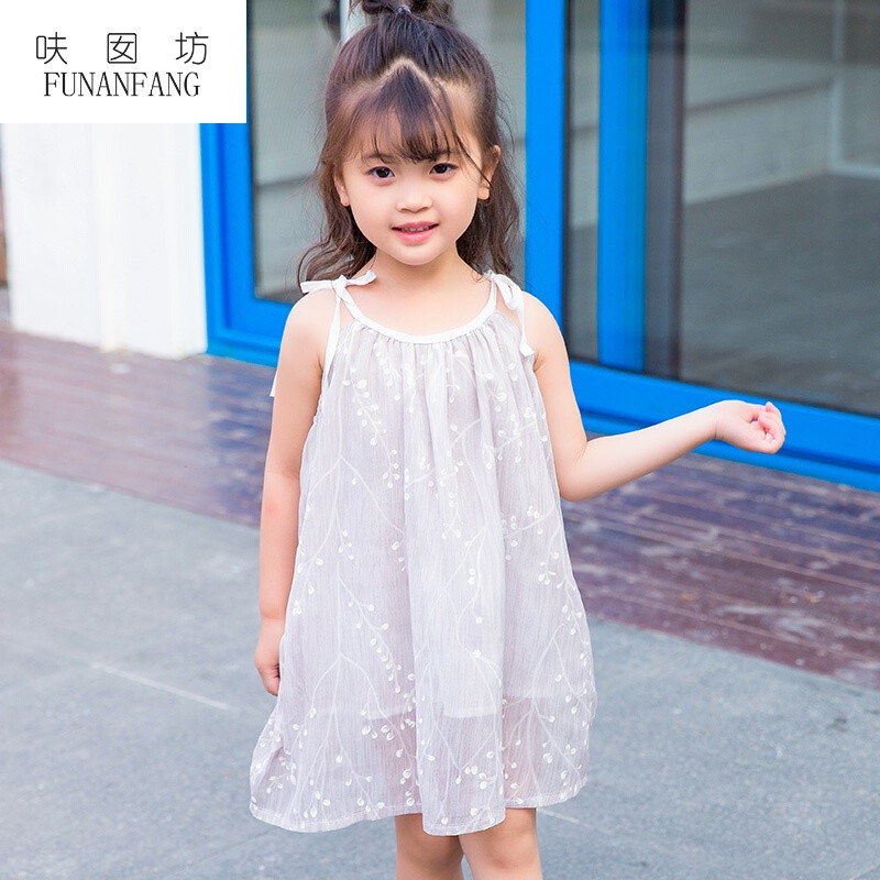 呋囡坊2017夏季新品女童吊带连衣裙纱裙女宝宝小女孩印花全棉吊带
