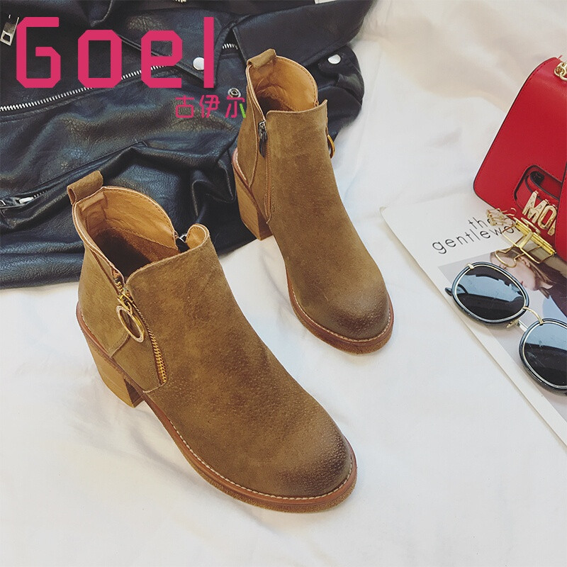 古伊尔轻奢品牌高跟鞋女秋2017新款复古短靴