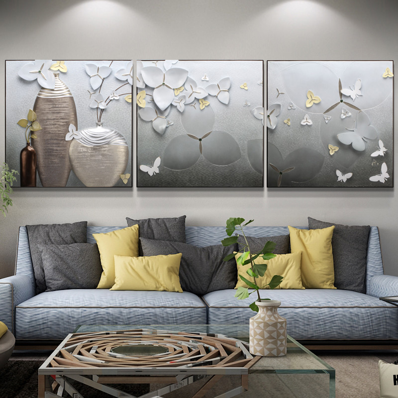 2018现代简约装饰画客厅沙发背景墙画立体浮雕三联无框挂画3d手工壁画