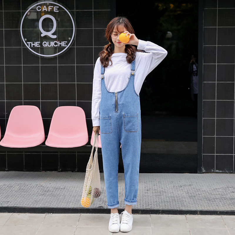 chic阔腿牛仔背带裤女长裤春秋2017新款宽松韩