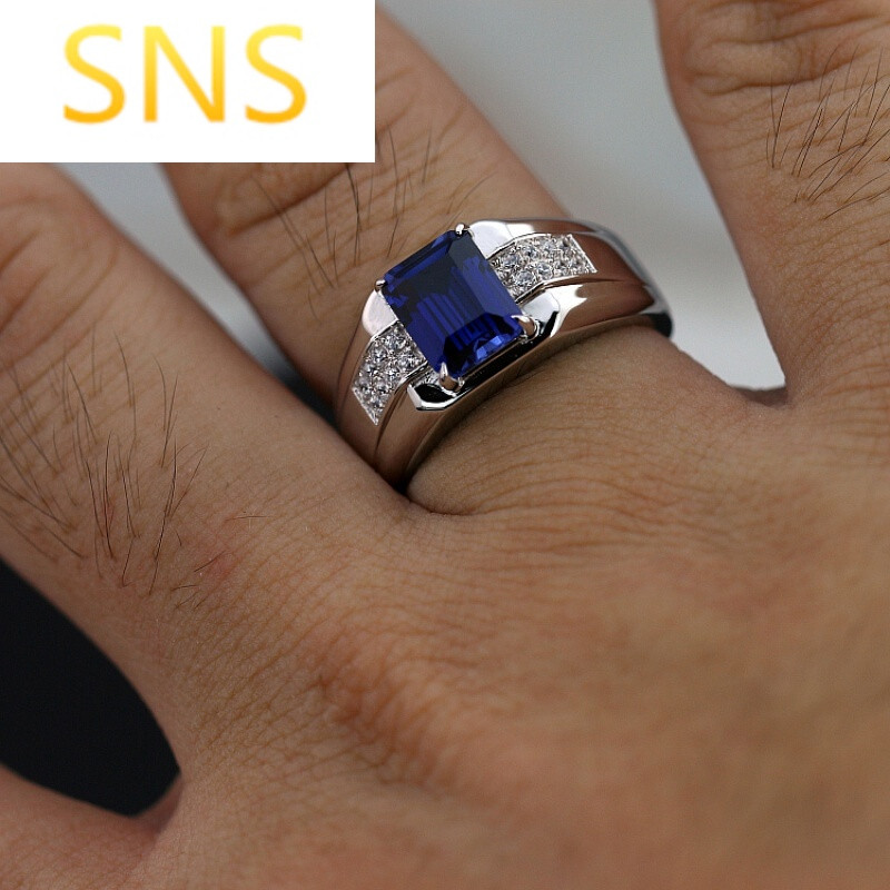 sns蓝宝石男士戒指银镀时尚男款彩宝坦桑指环钻戒刻字圣诞节礼物