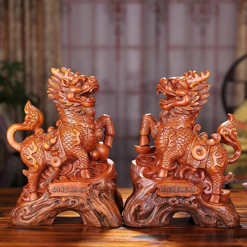 招财纳福麒麟摆件工艺品一对家居吉祥物客厅酒柜风水装饰品
