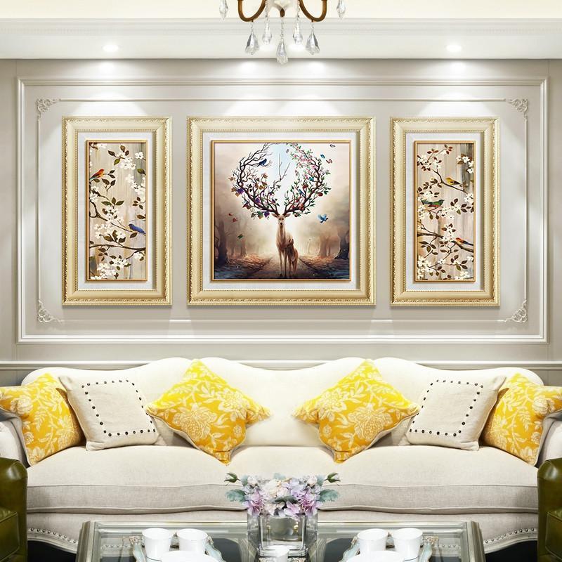 发财鹿麋鹿装饰画招财客厅三联画挂画沙发背景墙面壁画美欧式油画