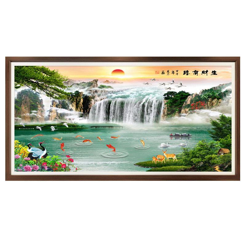 国画流水生财图瀑布风景山水画三维3d立体画光栅居家聚宝盆