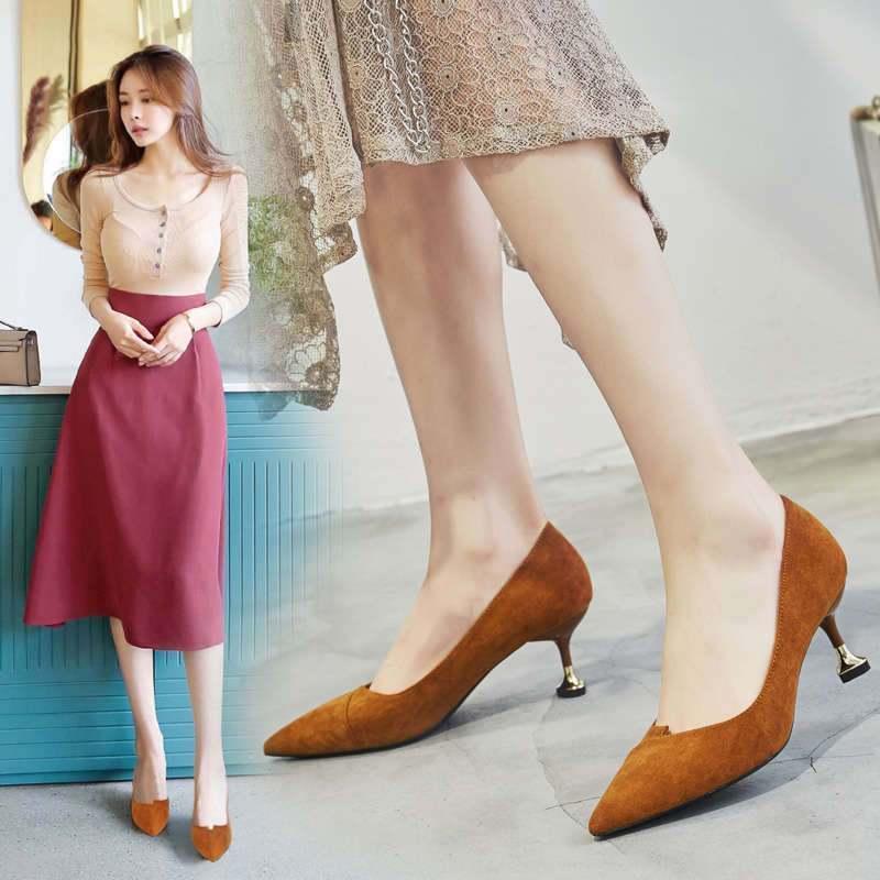 新款休闲鞋女单鞋新品尖头女士高跟鞋中粗跟增高女鞋粗跟性感浅口豆豆