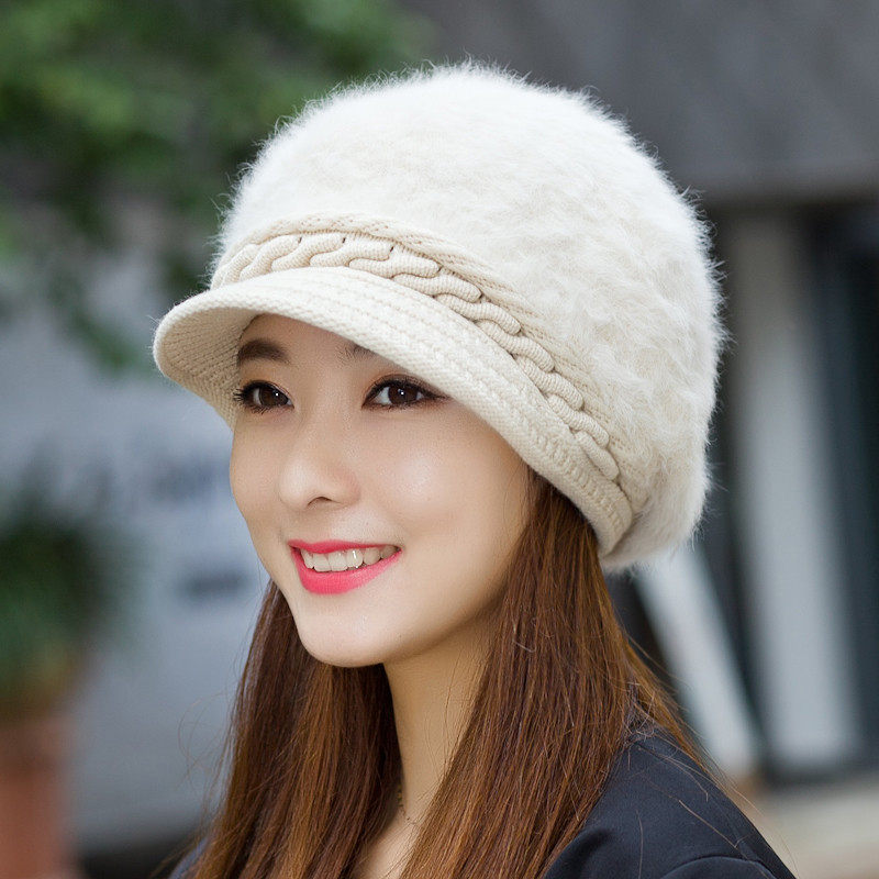 兔毛帽子女冬季时尚潮韩版加绒保暖可爱百搭鸭舌帽冬天针织毛线帽