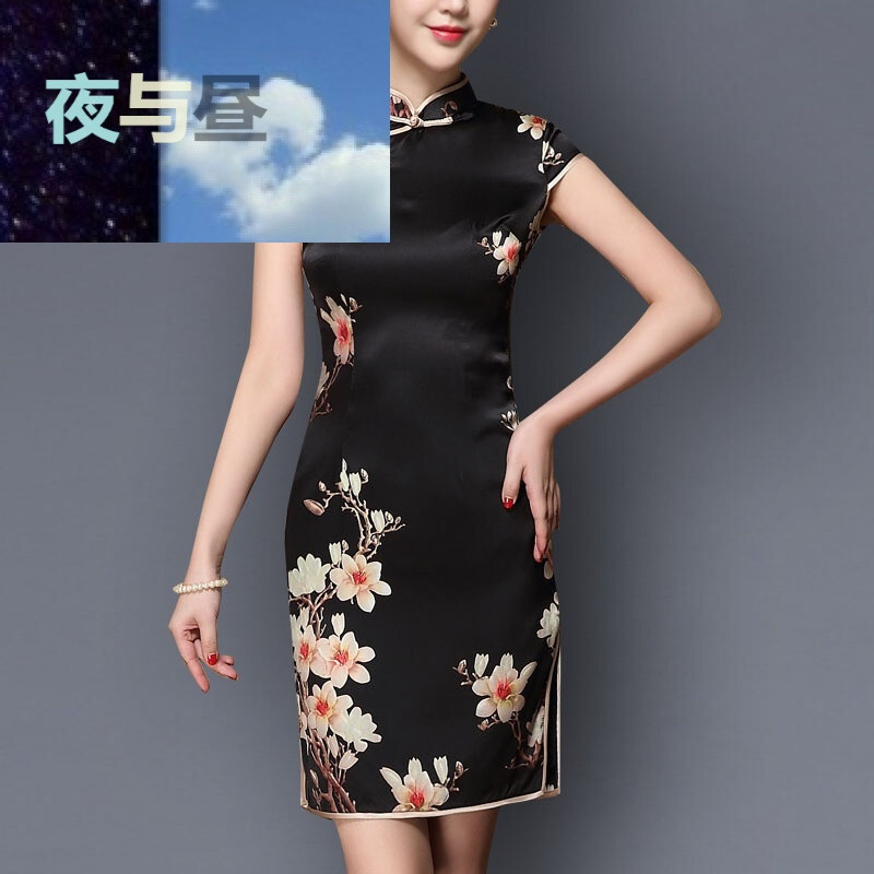 2018新款女装时尚桑蚕丝改良式玉兰旗袍连衣裙显瘦包臀裙