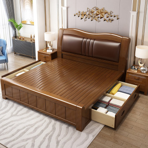 宜木雅居 床1.8m双人床简约现代1.8米床头软包婚床卧室实木皮床1.5米高箱储物床木质橡木床带储物空间中式家具