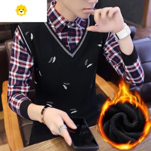 FISH BASKET季中青年男士毛衣针织衫加绒加厚长袖韩版潮流假两件男衬衫领