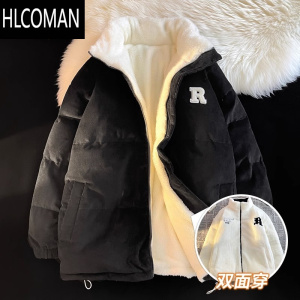 HLCOMAN双面穿羔绒棉衣棉服男女学生同款灯芯绒外套新款2023加厚