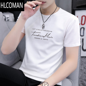 HLCOMAN夏装男士圆领短袖T恤白色透气汗衫潮流韩版男装印花字母体恤