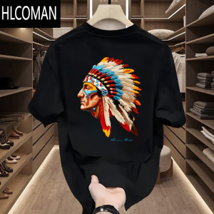 HLCOMAN欧美复古潮牌T恤男印第安人印花夏季宽松黑色半袖体恤衫
