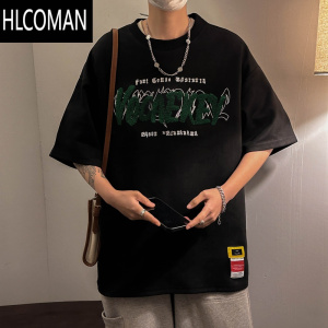 HLCOMAN美式复古植绒字母短袖t恤男cityboy高街体恤夏季宽松圆领上衣