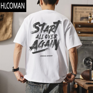 HLCOMAN2024新款男士短袖t恤潮流印花灰色夏季美式宽松休闲体恤