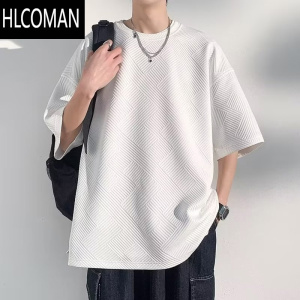 HLCOMAN320g华夫格短袖t恤男款夏季2024新款宽松大码白色长袖体恤衫