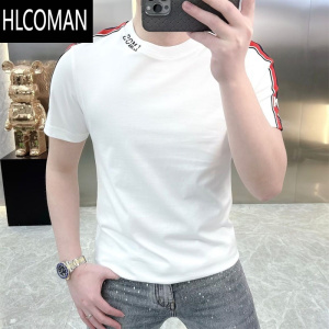 HLCOMAN欧洲站潮牌简约字母印花短袖t恤男士个性时尚修身圆领半袖上衣服