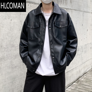 HLCOMAN皮衣男秋季新款pu皮夹克翻领宽松复古机车派克服男士休闲防风外套