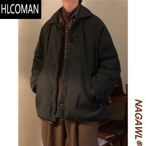 HLCOMAN2024冬季新款宽松美式复古潮牌黑色棉服外套男港风简约棉衣