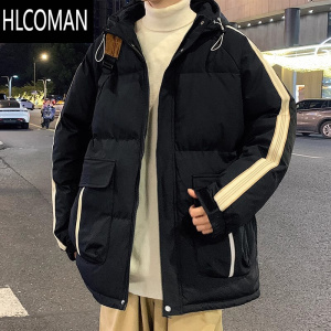 HLCOMAN美式条纹羽绒棉服男加绒加厚宽松潮流连帽三防p暖棉衣外套